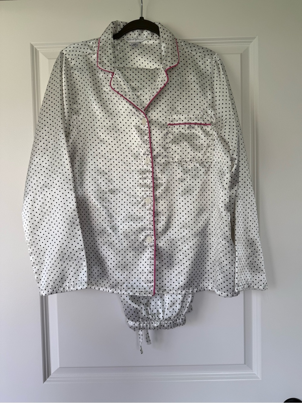 Vanity White Polka Dot Satin Pajama Top with Pink Trim